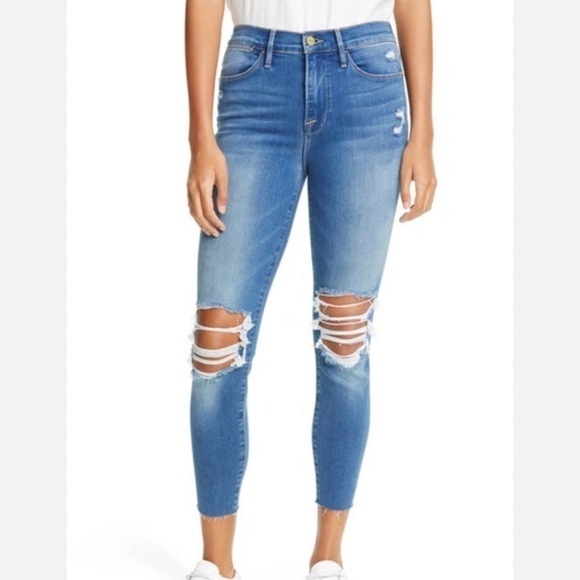 FRAME Ripped High Waist Raw Hem Skinny Crop Jeans in Gaby Wash Size 25 - Picture 1 of 10